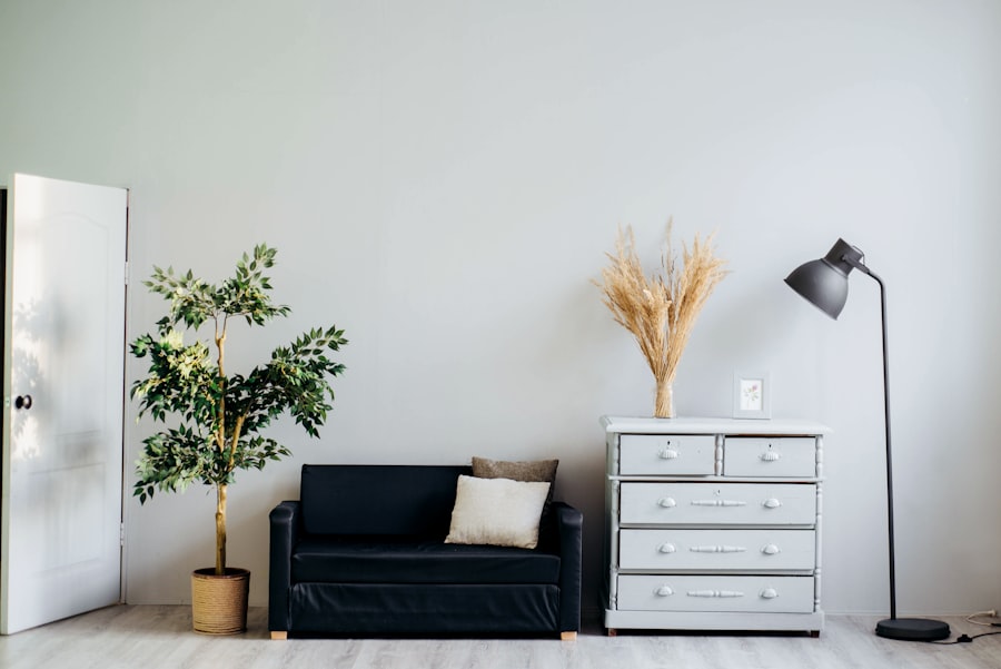 Warm bedside lamp on a calm nightstand