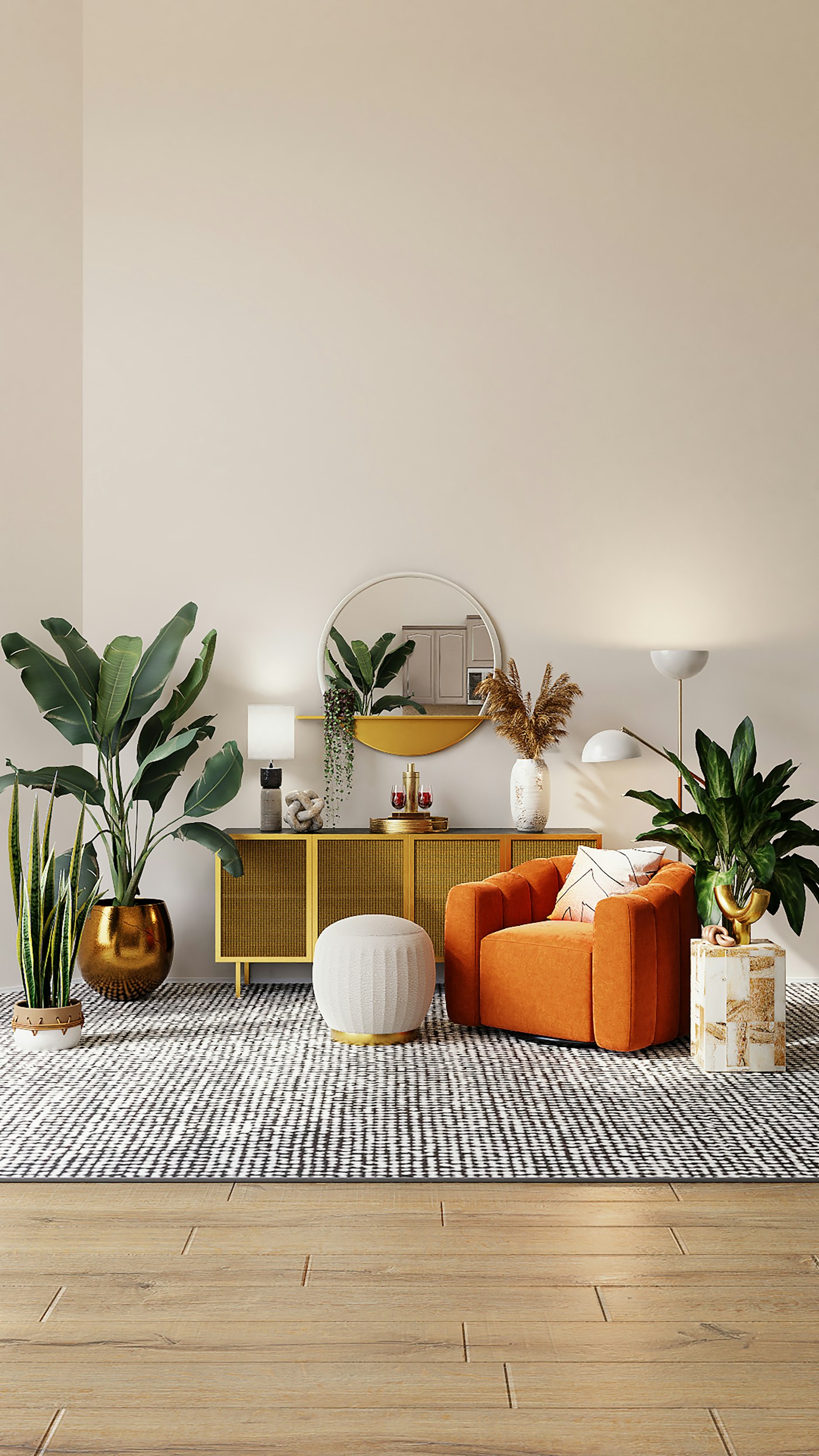 Small apartment entryway with a bench and baskets